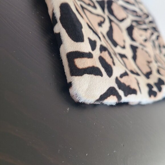 Clare Vivier Calf Hair Leopard Print Top Zip Foldover Clutch Handbag Brown Cream - Picture 6 of 8